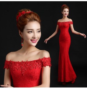 Red sleeveless short sleeves dew shoulder slash neck lace mermaid long length women's ladies female wedding party bridesmaid bride evening dresses vestidos 